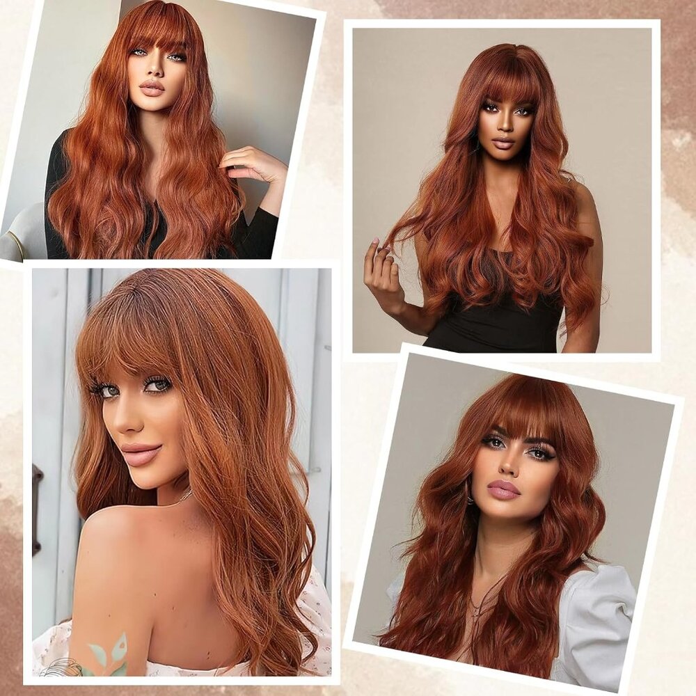[26 INCHES] Auburn Long Wavy Wig with Bangs - Picture 5 of 9